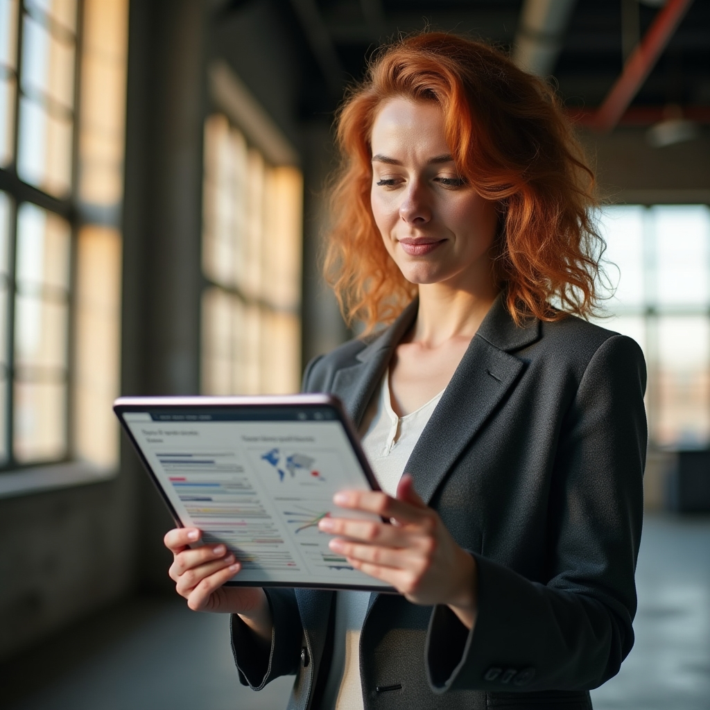 Small business owner reviewing customer survey results on a tablet in a bright office