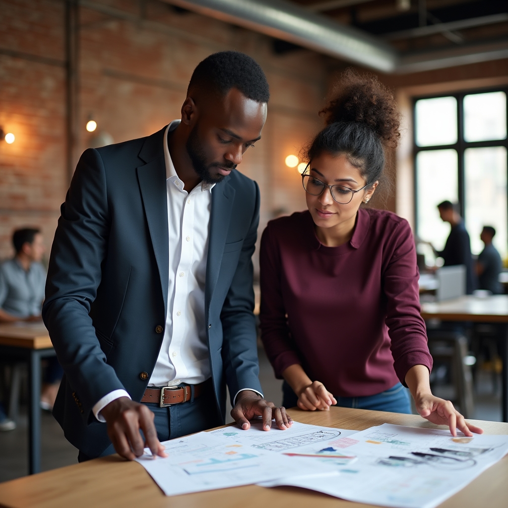 Two professionals reviewing workshop materials in a modern co-working space with open floor plan