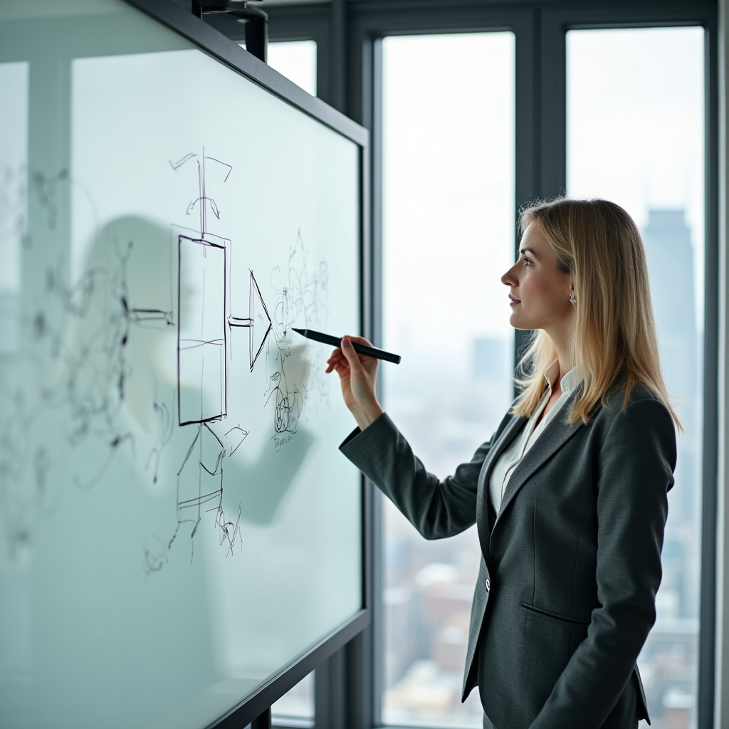 Professional woman simplifying a complex flowchart into clear steps on a glass whiteboard